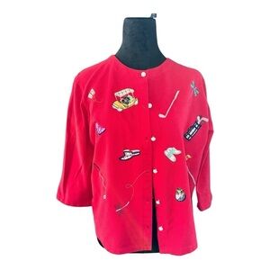 Karen Scott Jacket Womens embroidered Red Knit Golf balls‎ Button Up Long Sleeve